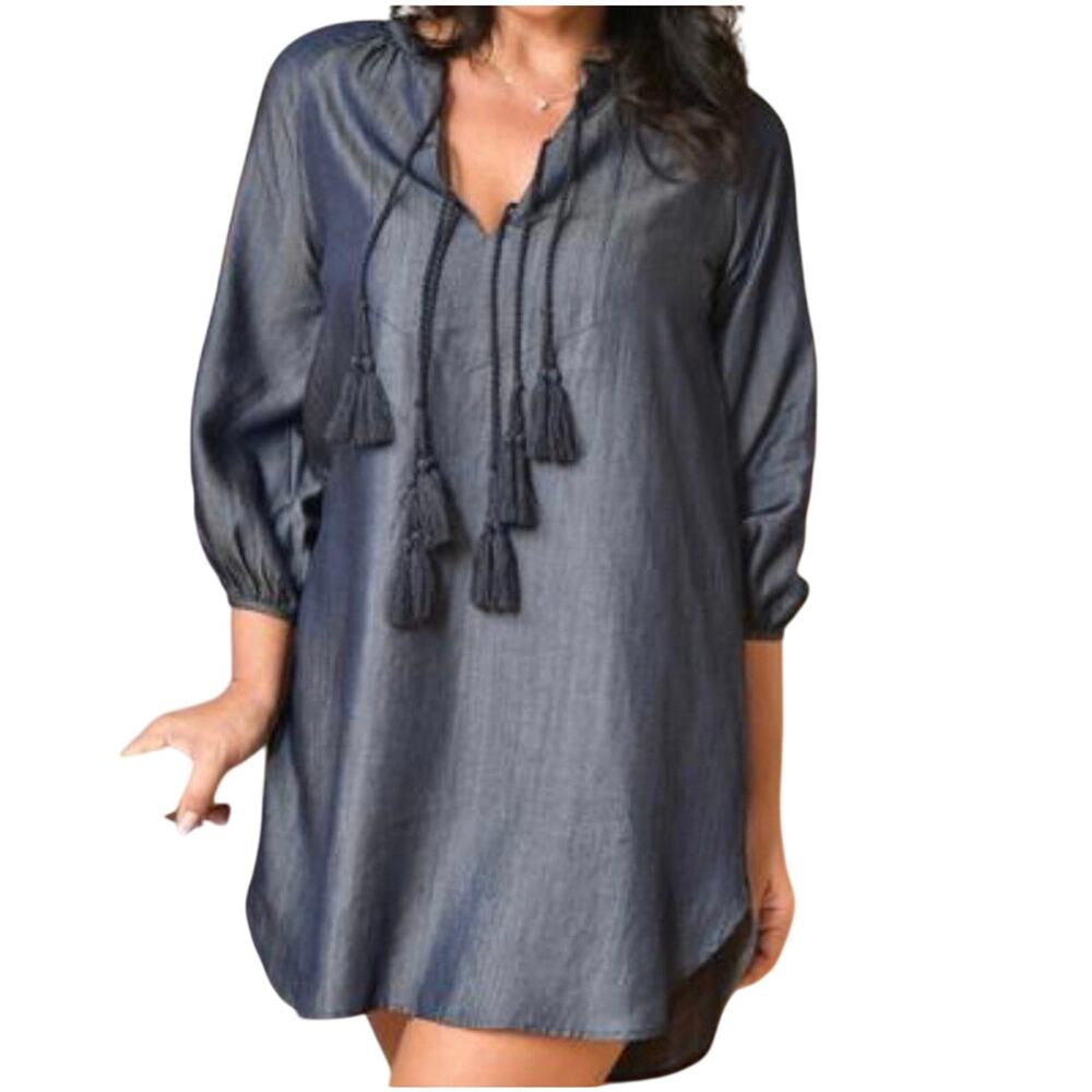 Honey Punch Dress Chambray Tassel Tie Boho Peasant Shift Blue Denim Tunic Size S